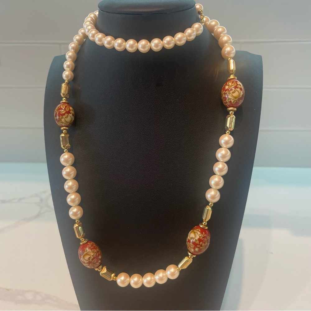 Vintage Signed Japan Cloisonné Floral Faux Pearl Station Beaded Necklace